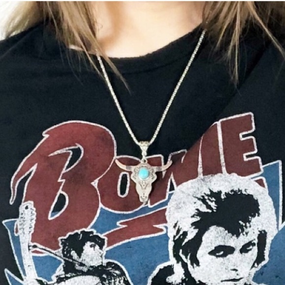 BOHO Bull Skull Pendant Turquoise Stone Silver NWT Western Steer - Picture 2 of 5